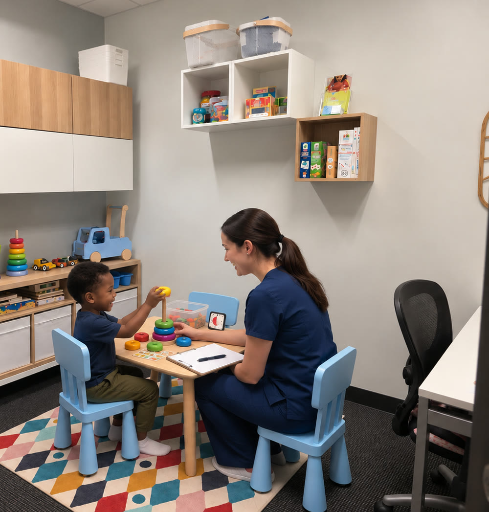 An occupational therapist playing a stacking game with a young boy at a small table